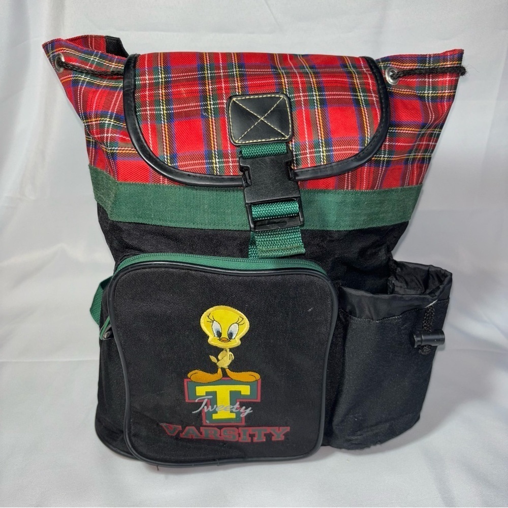 Vintage Tweety Varsity Plaid Backpack - Red and Black Looney Tunes